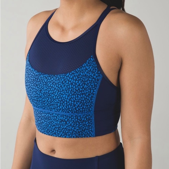 lululemon athletica Tops - LULULEMON Clip-In Long Line Bra W’s 6 Hero Blue High Neckline Mesh Front Straps